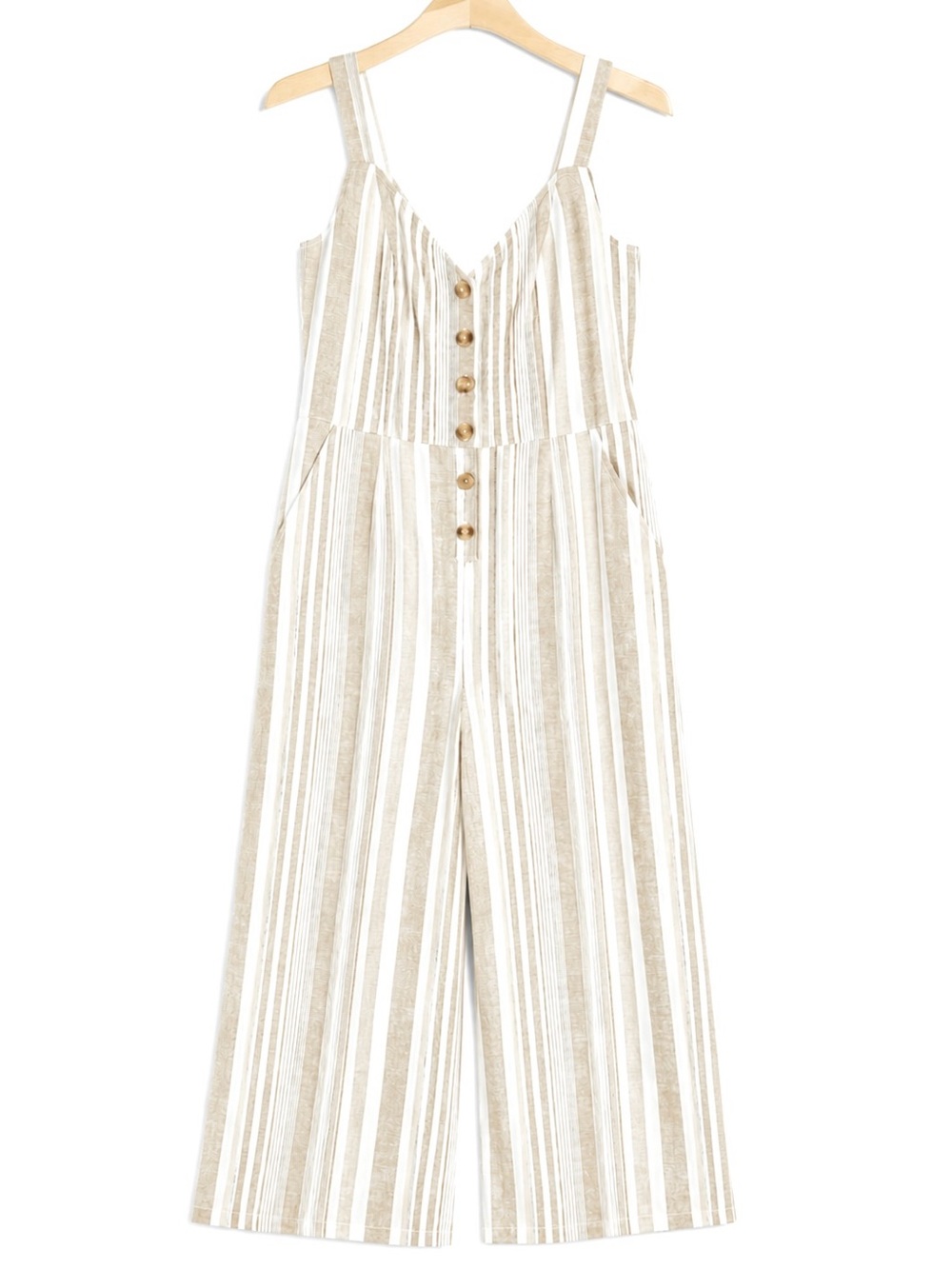 Lindex Cotton Linen Stripe Jumpsuit XL Beige Cream Cropped Wide Leg Pockets